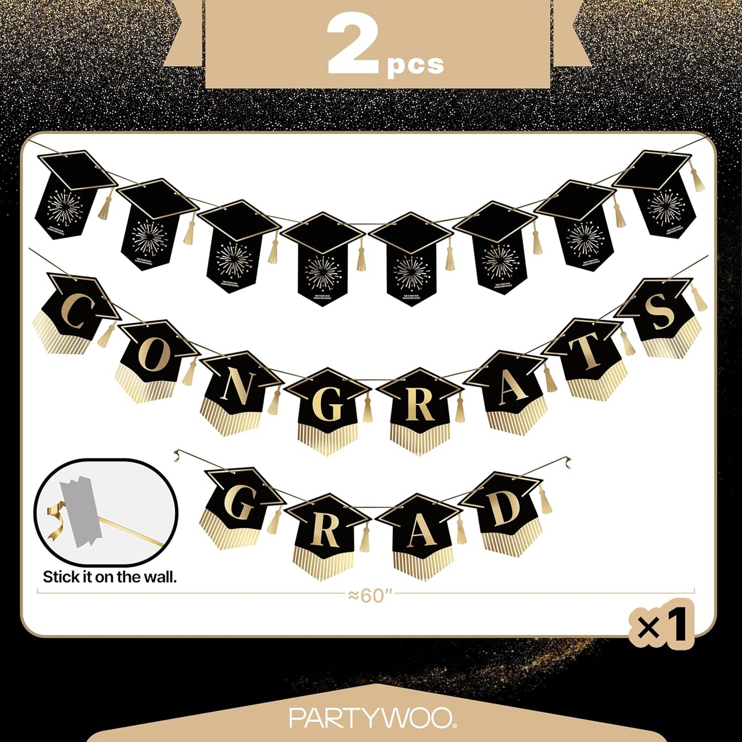 PartyWoo Graduation Decorations - Class of 2026 Black & Gold Banner Set for College & High School Parties | 2-Piece
