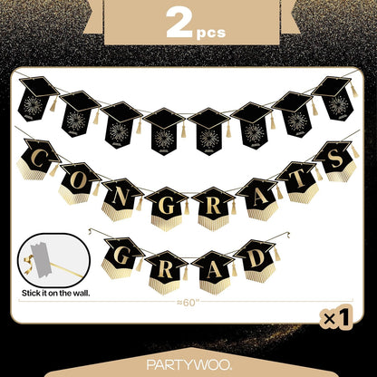 PartyWoo Graduation Decorations - Class of 2026 Black & Gold Banner Set for College & High School Parties | 2-Piece