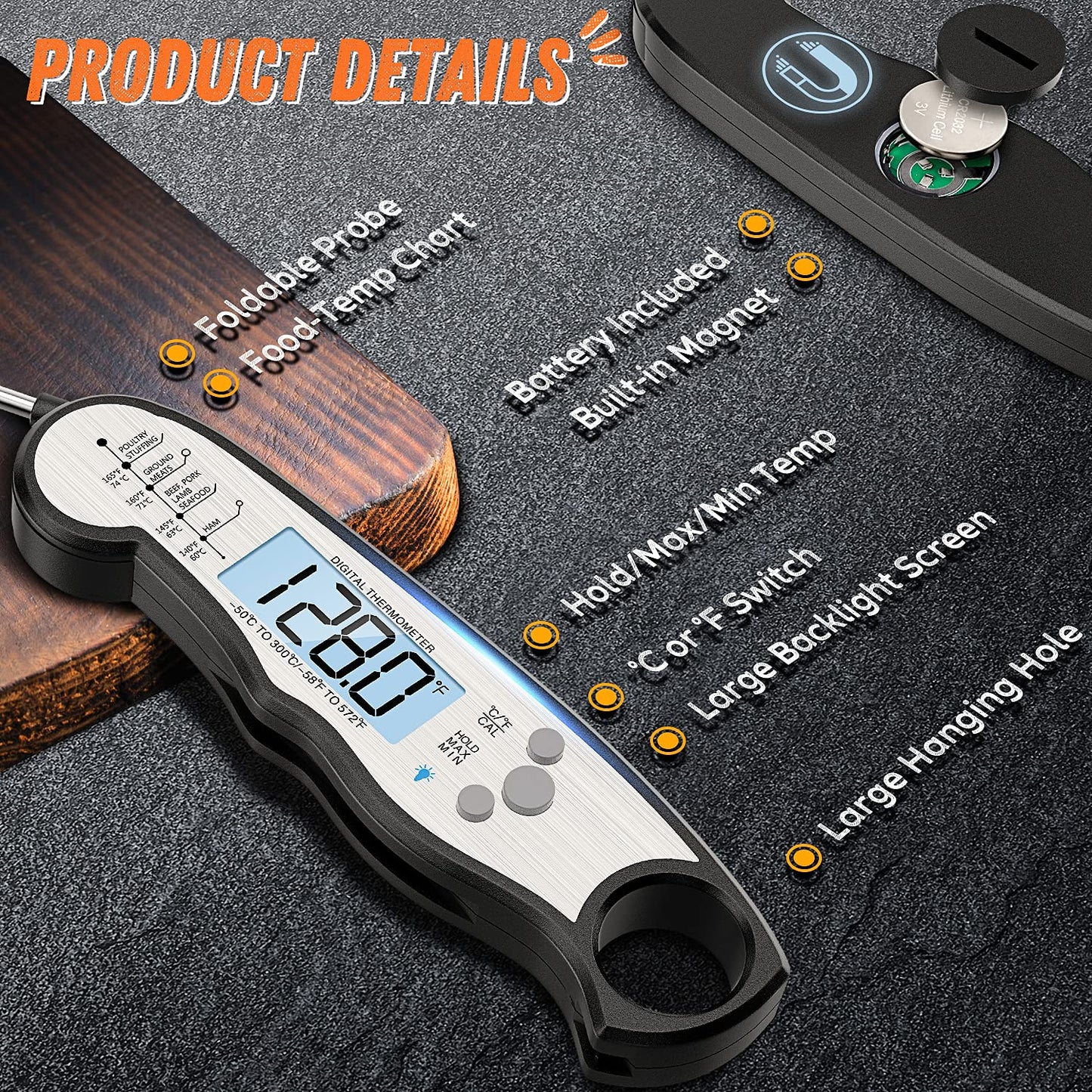 Skiennix Digital Meat Thermometer - Waterproof Instant Read Cooking Tool with Backlight & Calibration for BBQ, Beef, Turkey, Liquids