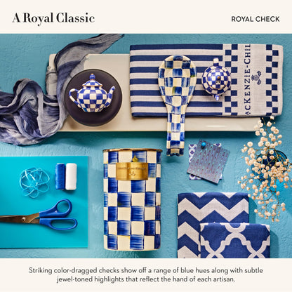 MACKENZIE-CHILDS Teapot Salt and Pepper Shaker Set, Ceramic Salt and Pepper Holders, Blue-and-White Royal Check