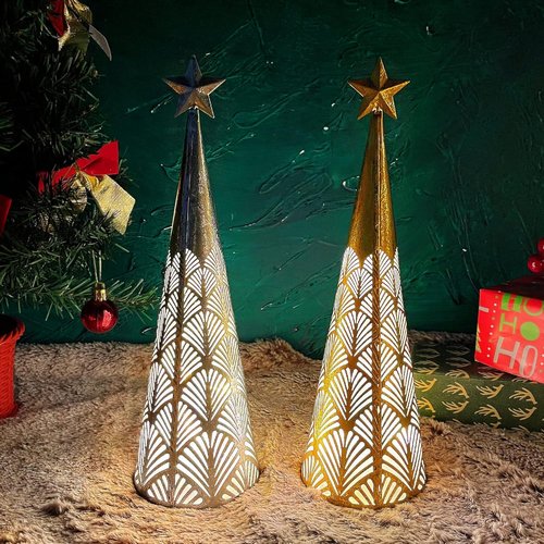 Juegoal Lighted Christmas Table Decorations - Battery Operated Cone Candle Lanterns | Set of 2 (Gold & Silver)