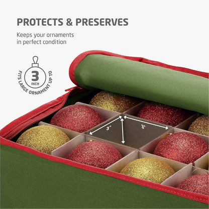 ZOBER Christmas Ornament Storage Box - Durable Organizer for 64 3" Ornaments - Green with Dividers