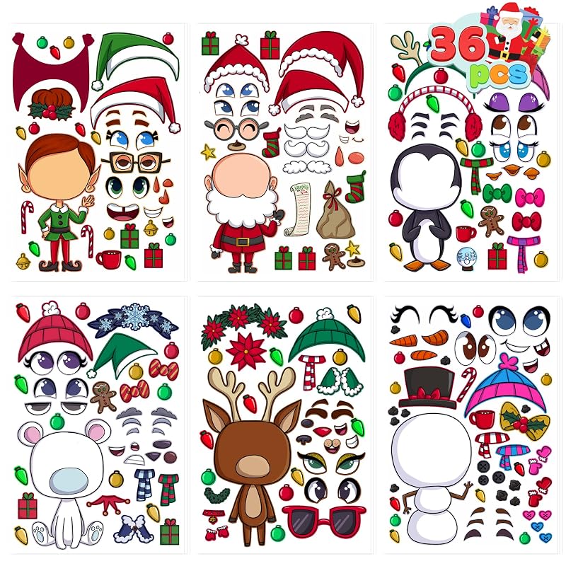 Variation of THIS listing Christmas Make-a-face Sticker Sheets - 36 Pcs Reindeer Snowman Elf For Kids Party Favor Art Craft Classroom