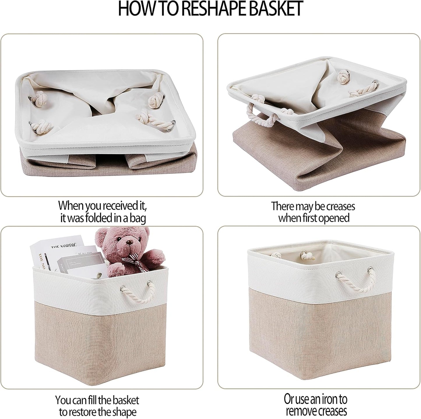 MidmmVick Cube Storage Bins - 13 x 13 Inch Collapsible Fabric Bins, 4 Pack for Home & Office | White & Beige