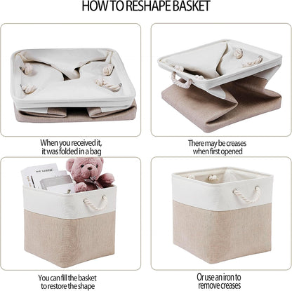 MidmmVick Cube Storage Bins - 13 x 13 Inch Collapsible Fabric Bins, 4 Pack for Home & Office | White & Beige