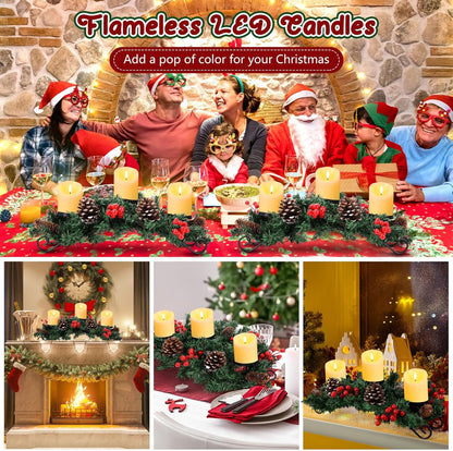 Mudder Christmas Table Centerpiece Set - 20'' Steel Base with 3 Flameless LED Candles & Red Berry Decor | Creamy White