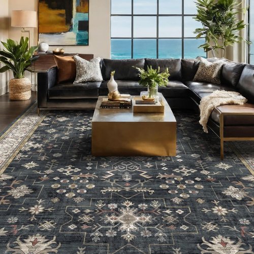 Boho Black Rug - Washable 10x12 Area Rug for Living Room & Dining Room | Soft Low Pile Carpet, Non-Slip & Stain Resistant