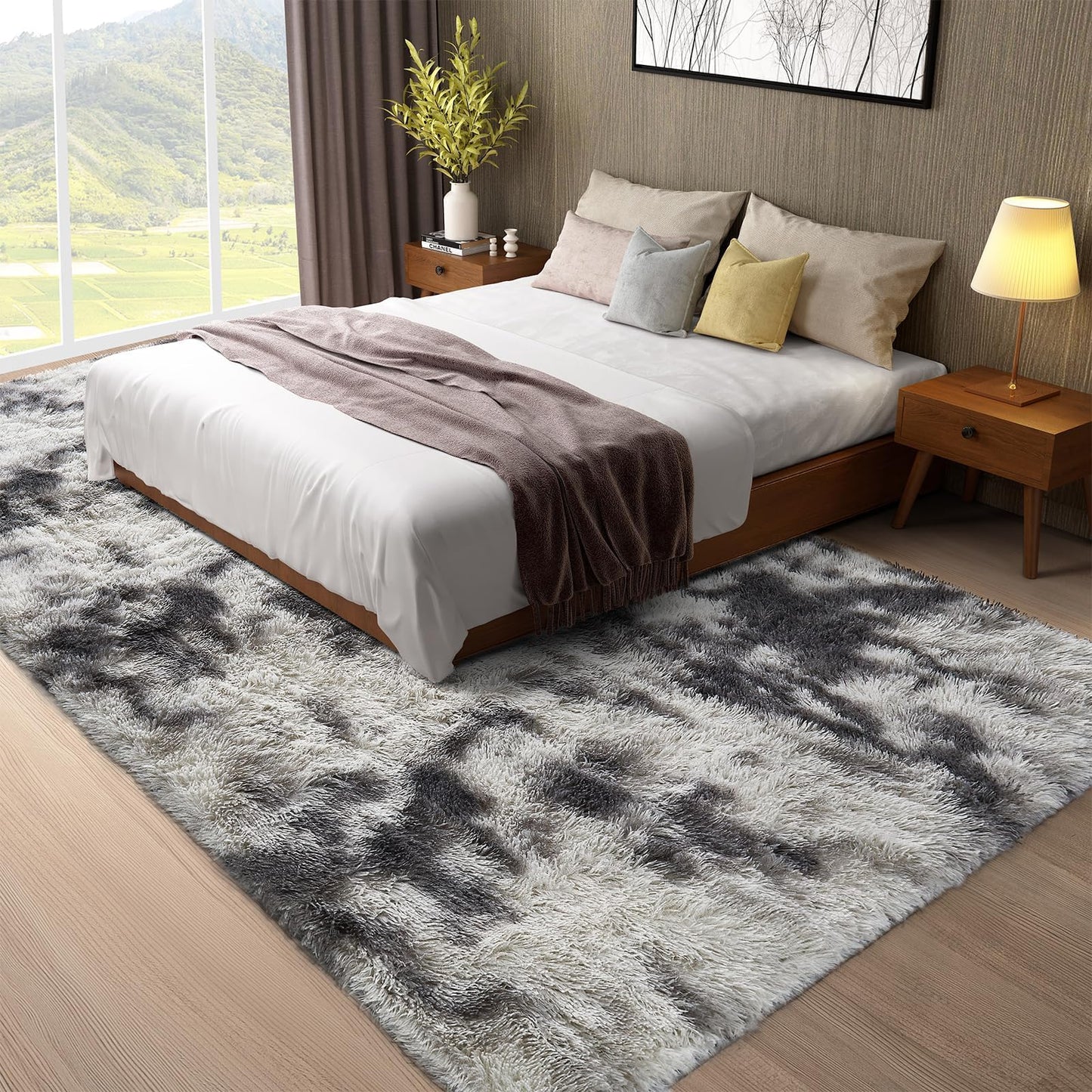 Ophanie Tie-Dyed Grey&White 8x10 Area Rugs for Living Room, Large Shag Bedroom Carpet, Big Indoor Thick Soft Nursery Rug, Fluffy Carpets for Boy and Girls Room Dorm Home Decor Aesthetic