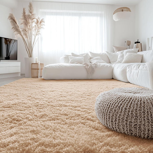 OLANLY Area Rug - Soft Fluffy Shaggy Design for Living Room & Bedroom | Machine Washable, Beige