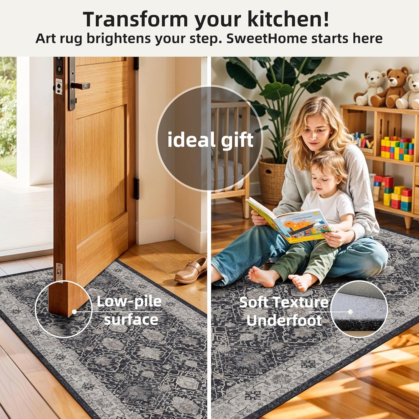 Skiennix Washable Kitchen Floor Mats - Non-Slip Water-Resistant Runners | Soft Decorative Rugs (2x3, 2x4, 2x5, 2x6, Black)