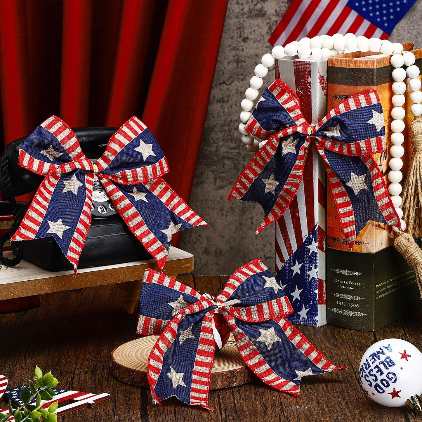Skiennix 12 Pcs 6-Inch Patriotic Bows - Red, White & Blue Burlap Decor for 250th Anniversary