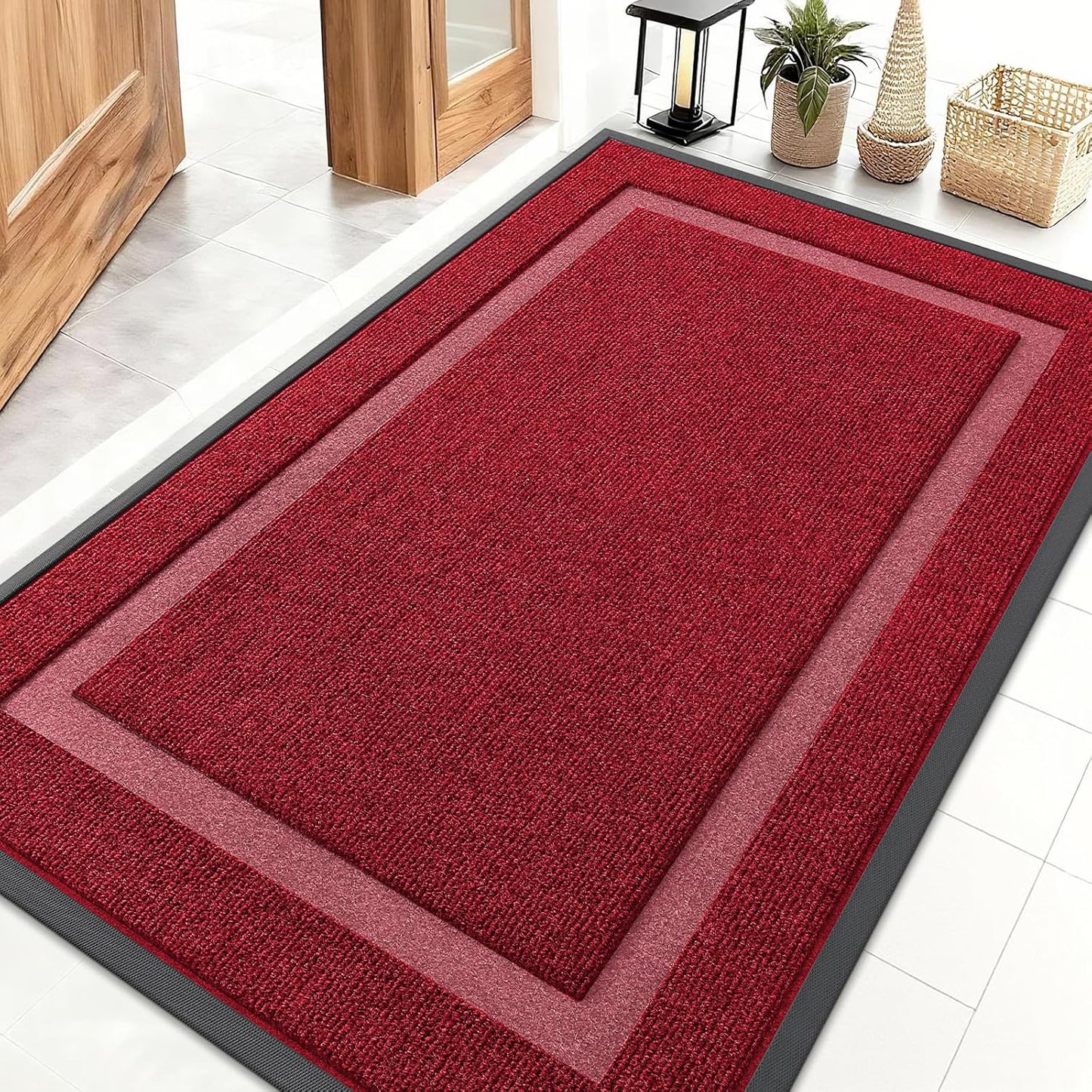 OLANLY Waterproof Front Door Mat - All-Season, Sturdy Natural Rubber | Easy Clean, 47x30, Wine Red