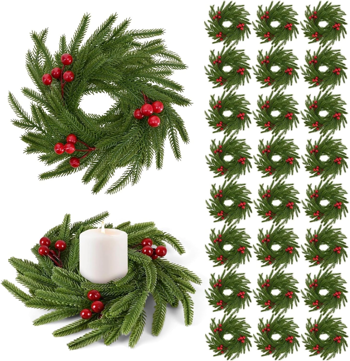 Norfolk Pine Christmas Candle Rings - 24 Pcs Artificial Wreaths with Red Berries for Holiday Decor