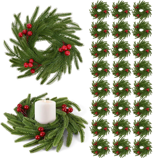 Norfolk Pine Christmas Candle Rings - 24 Pcs Artificial Wreaths with Red Berries for Holiday Decor