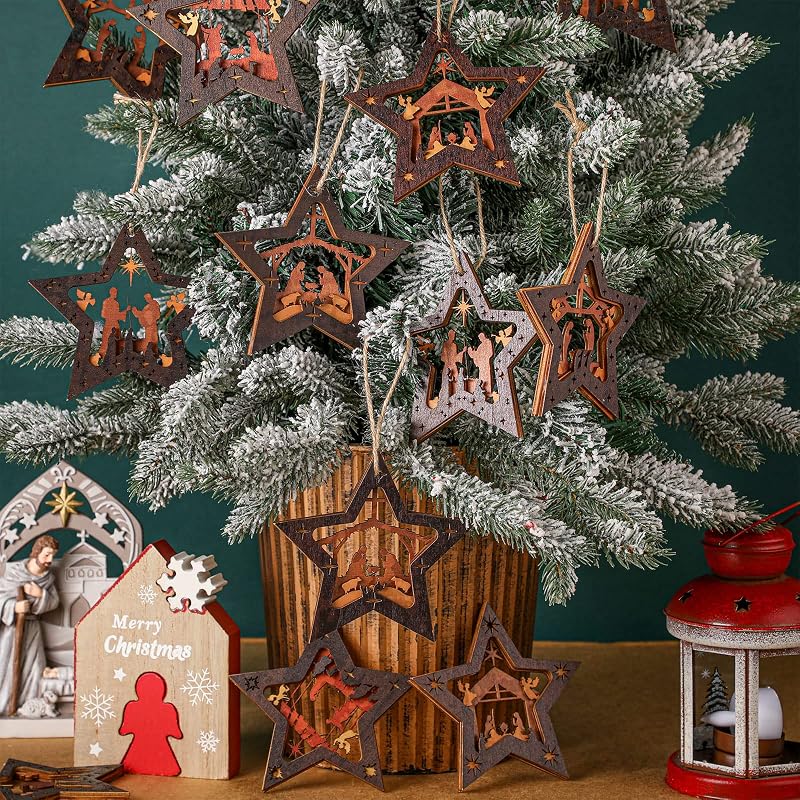 Spiareal 12 Pcs Christmas Nativity Ornaments - Dark Color Wood Set, 6 Styles