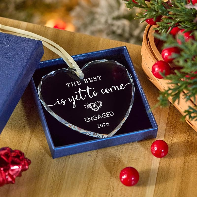 Engaged Ornament - 2026 Heart Glass Christmas Gift for Bride to Be Variation Engaged -1+2026