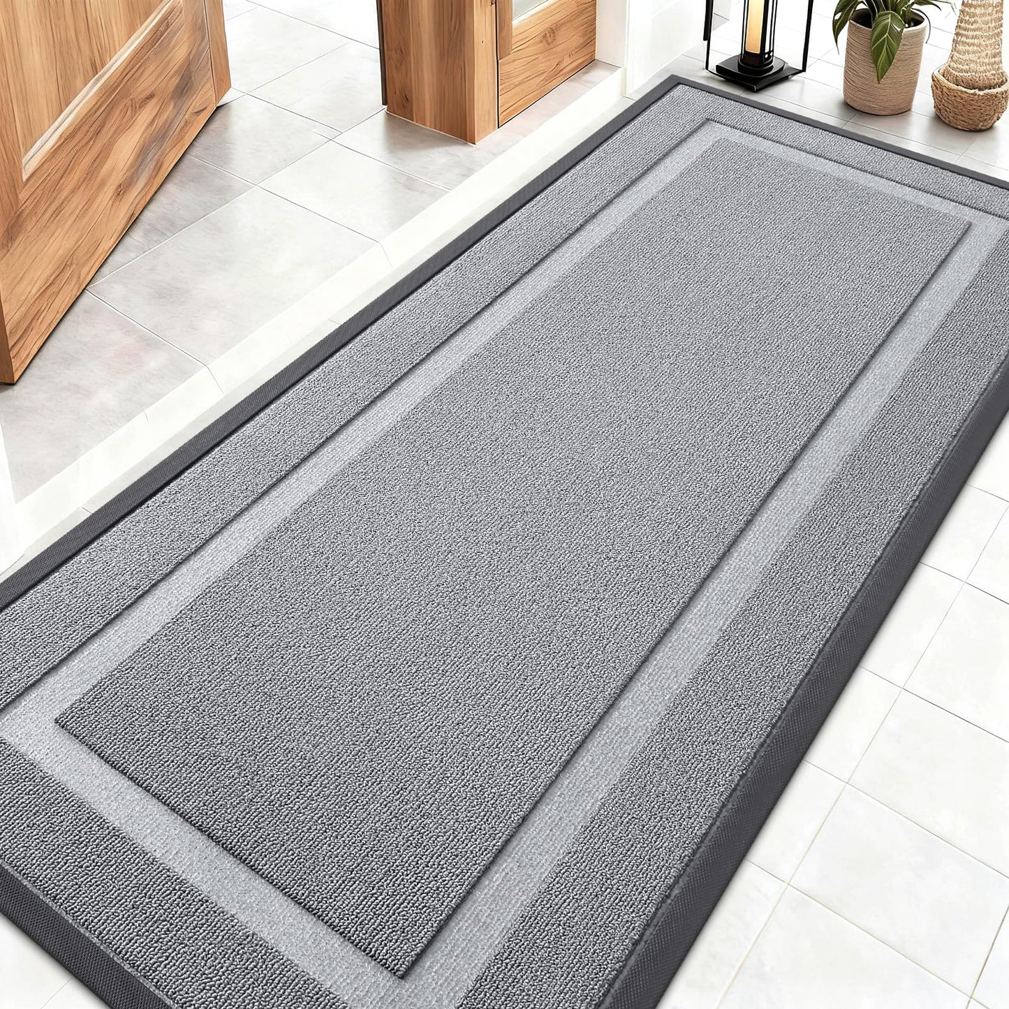 OLANLY Front Door Mat Indoor Outdoor Entrance, Waterproof All-Season, All-Weather Doormat, Sturdy Natural Rubber, Low Profile, Easy Clean Patio Porch Entryway Mat, 59x23, Ash Gray