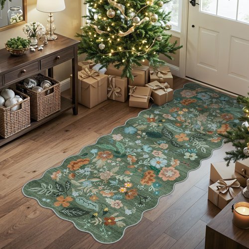 2x5 Washable Kitchen Area Rug: Floral Scalloped Entryway Runner Farmhouse Non-Slip Floor Carpet for Hallway Bathroom Soft Comfort Tile/Hardwood Floors Protection Mat Cute Home Decor(2x5, Floral/Green)