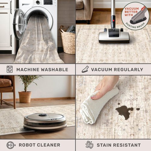 Washable Ivory 5x7 Rug for Bedroom, Home Office, Non Slip Dinning Rugs for Under Table, Low Pile Neutral Farmhouse Retro Living Room Carpet