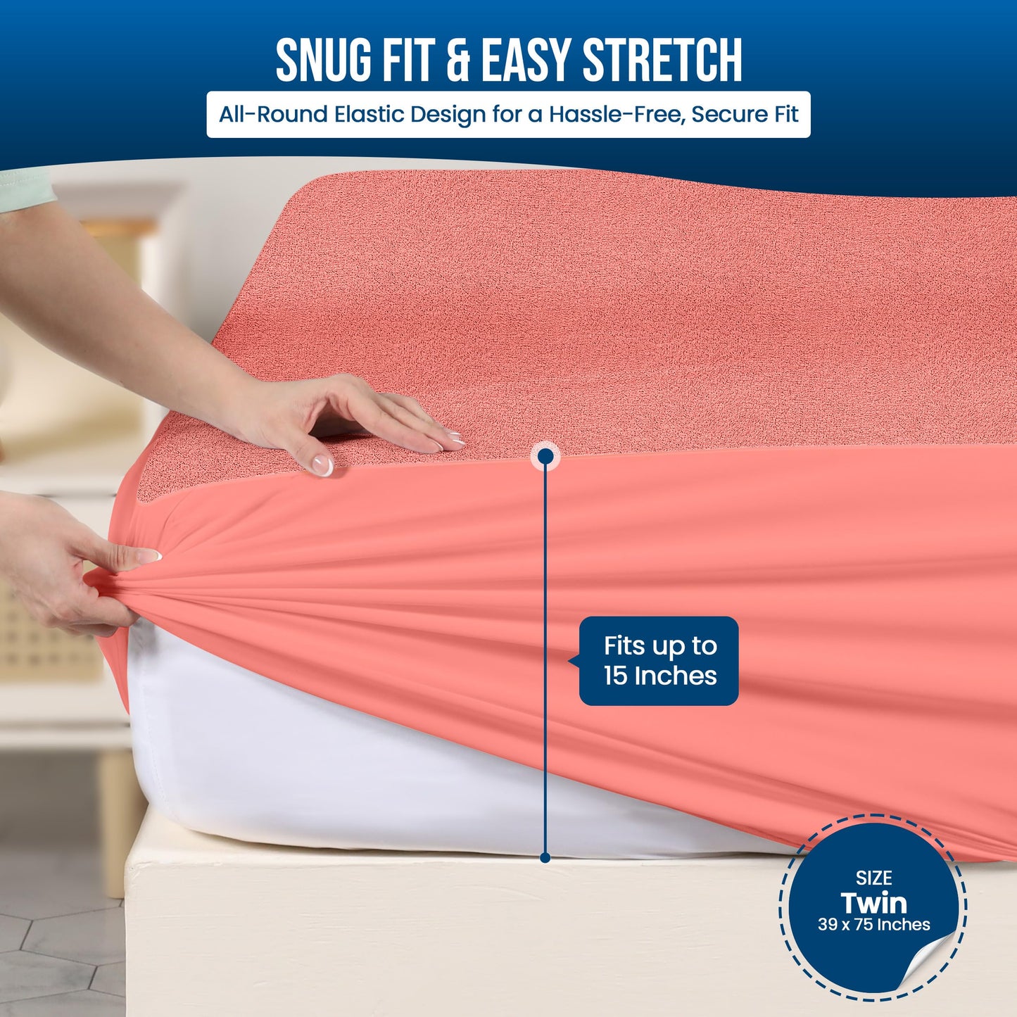 Utopia Bedding Waterproof Mattress Protector Twin Size, Premium Terry Mattress Cover 200 GSM, Breathable, Fitted Style with Stretchable Pockets (Coral)