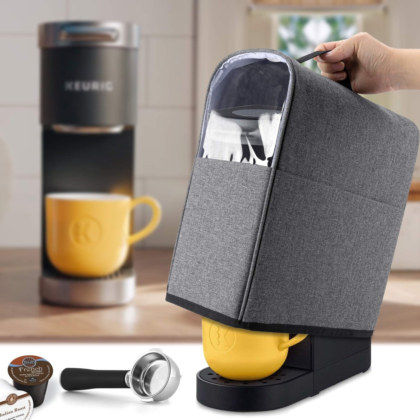 CURMIO Coffee Maker Dust Cover Compatible for Keurig K-Mini and K-Mini Plus, Coffee Making Machine Cover with Pockets for K Cup, Cover Only