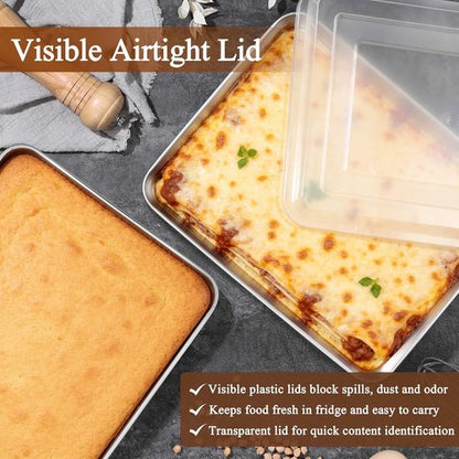 LIANYU Stainless Steel Baking Pan Set - 12⅓ x 9¾ x 2 Inch Rectangle Bakeware with Lids, Non-Toxic & Dishwasher Safe (2 Pans + 2 Lids)
