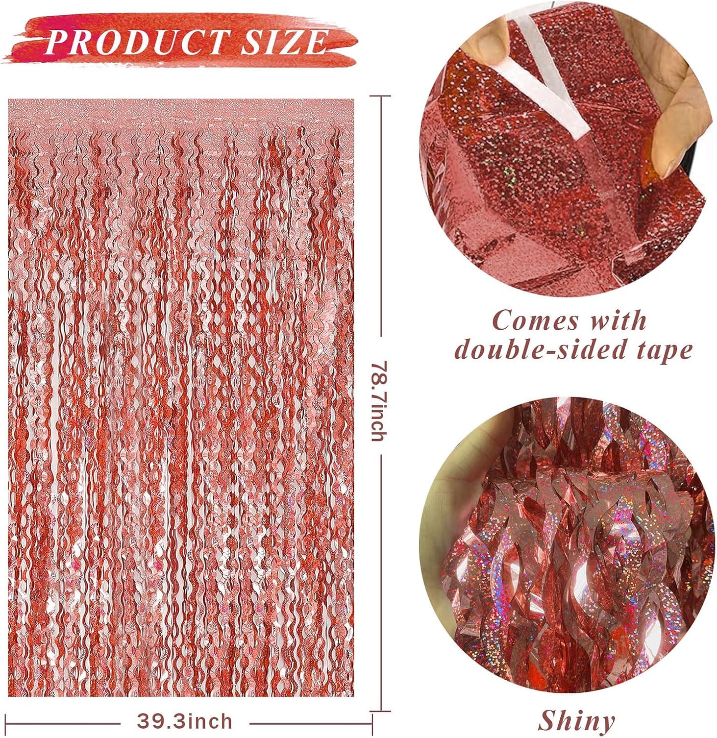 Rose Gold Tinsel Foil Fringe Curtains - Wavy Backdrop for Parties & Events | Photo Booth Decor