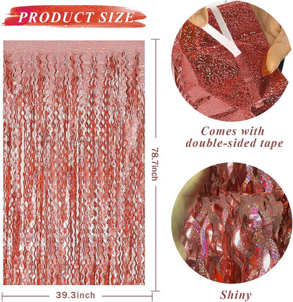 Rose Gold Tinsel Foil Fringe Curtains - Wavy Backdrop for Parties & Events | Photo Booth Decor