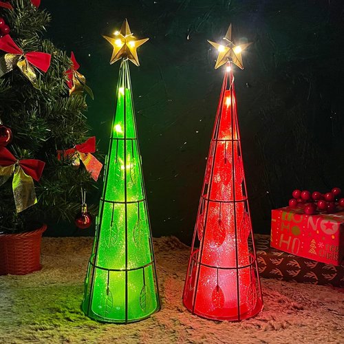 Juegoal Lighted Christmas Table Decorations - Battery Operated LED Cone Shaped Ornaments | 2 Pack, Green & Red