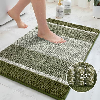 HOMEIDEAS Sage Green Bathroom Rugs, 2 Piece Thick Absorbent Fluffy Striped Chenille Bath Rugs Set, Non Slip, Soft Shaggy Bath Mats for Green Bathroom Decor, 20" x 32" Plus 17" x 24"
