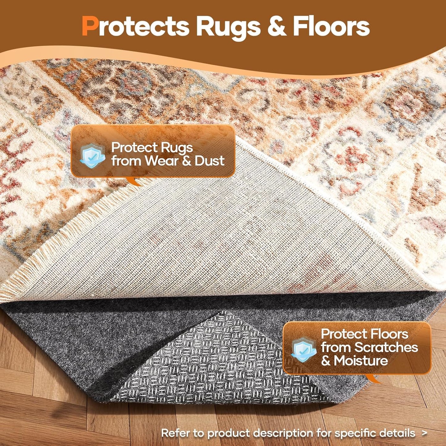 Veken Non-Slip Rug Pad - Cushioned Gripper for Hardwood Floors | 9 x 12 Ft, 1/4 Inch Thick