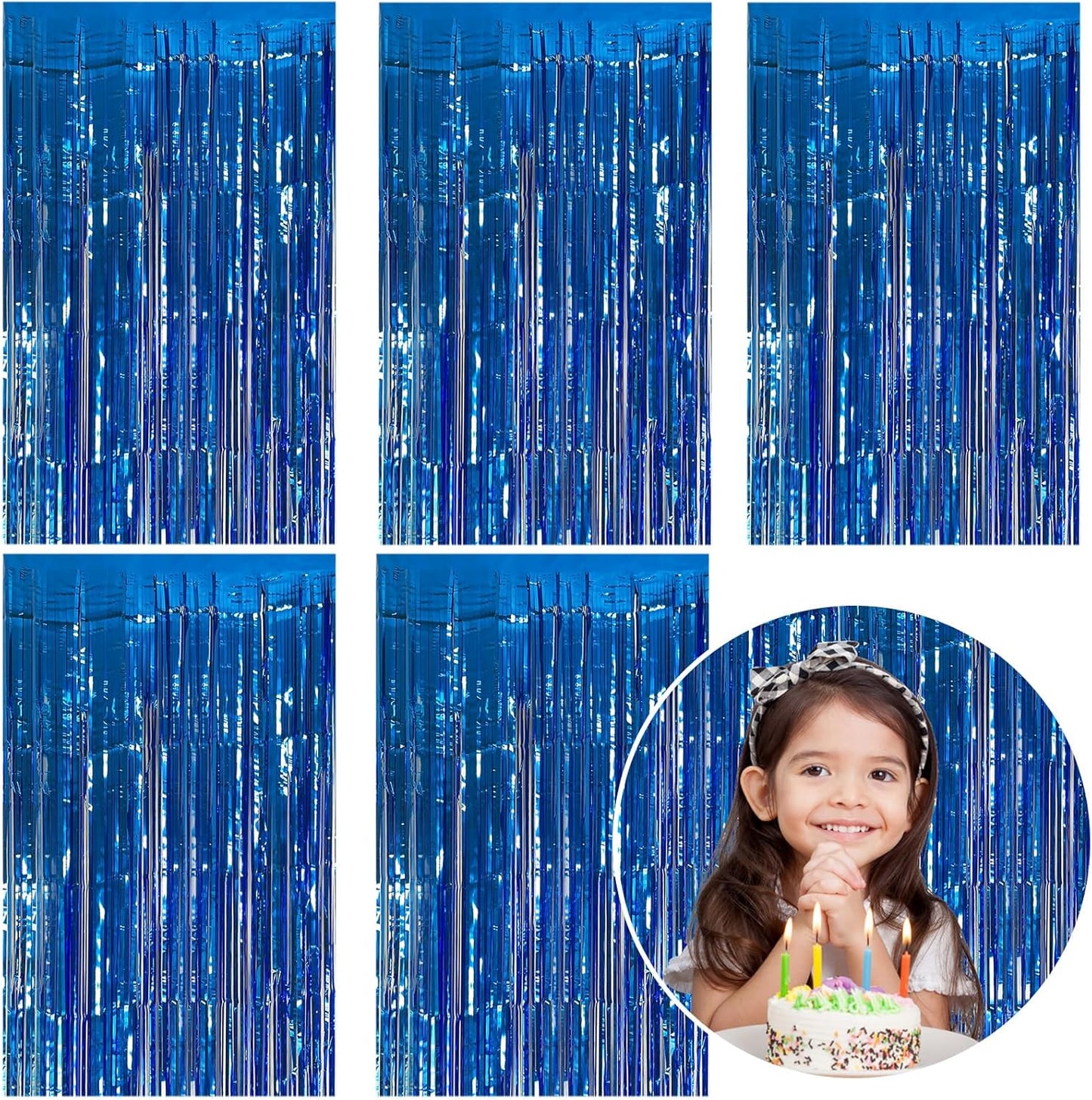 Skiennix Blue Metallic Tinsel Foil Fringe Curtains - 5 Pack Photo Booth Backdrop for Parties & Celebrations