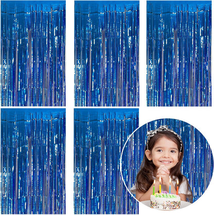 Skiennix Blue Metallic Tinsel Foil Fringe Curtains - 5 Pack Photo Booth Backdrop for Parties & Celebrations