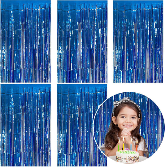 Skiennix Blue Metallic Tinsel Foil Fringe Curtains - 5 Pack Photo Booth Backdrop for Parties & Celebrations