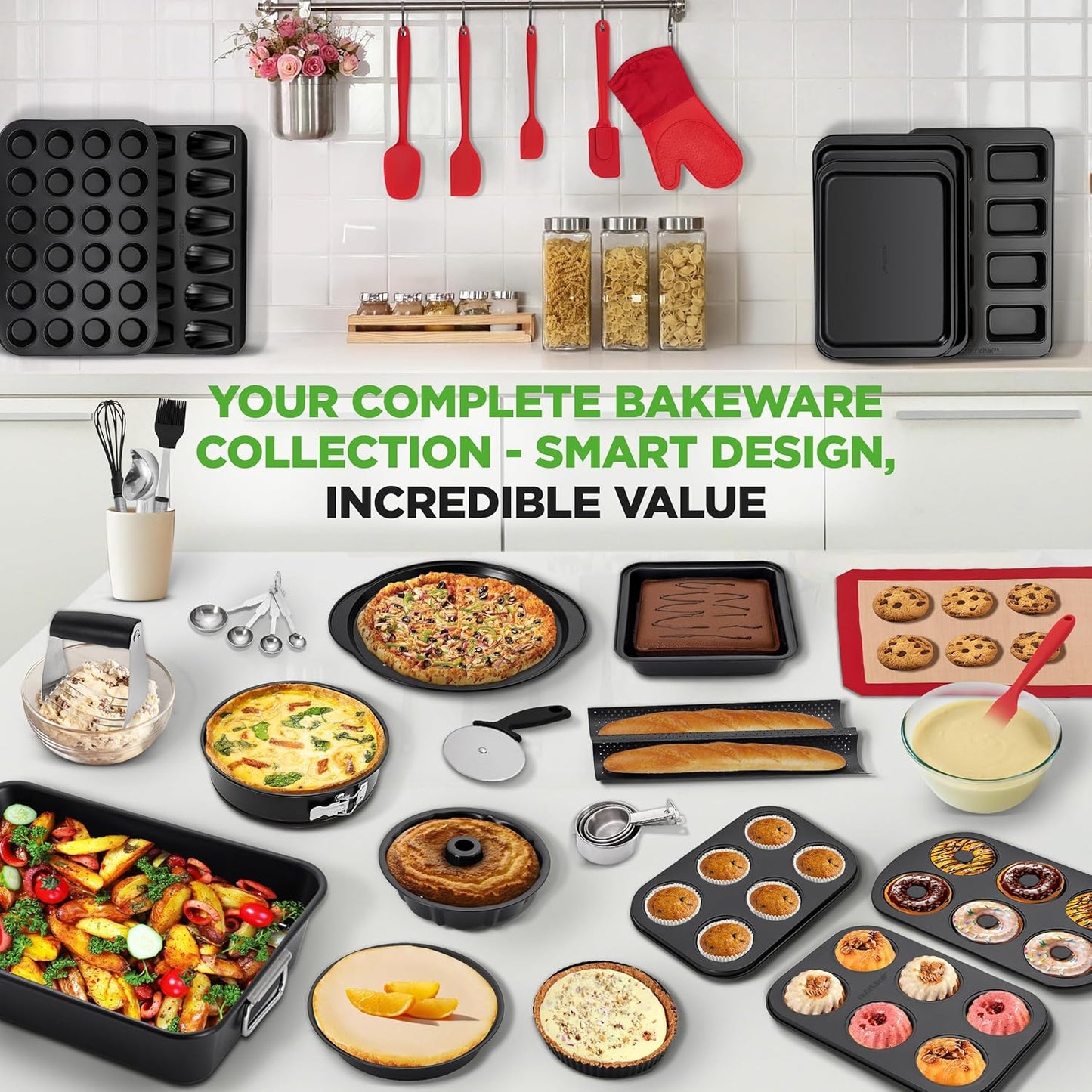 NutriChef 42-Piece Nonstick Bakeware Set - Carbon Steel Pans & Essential Baking Tools - Perfect for Sweet & Savory Treats