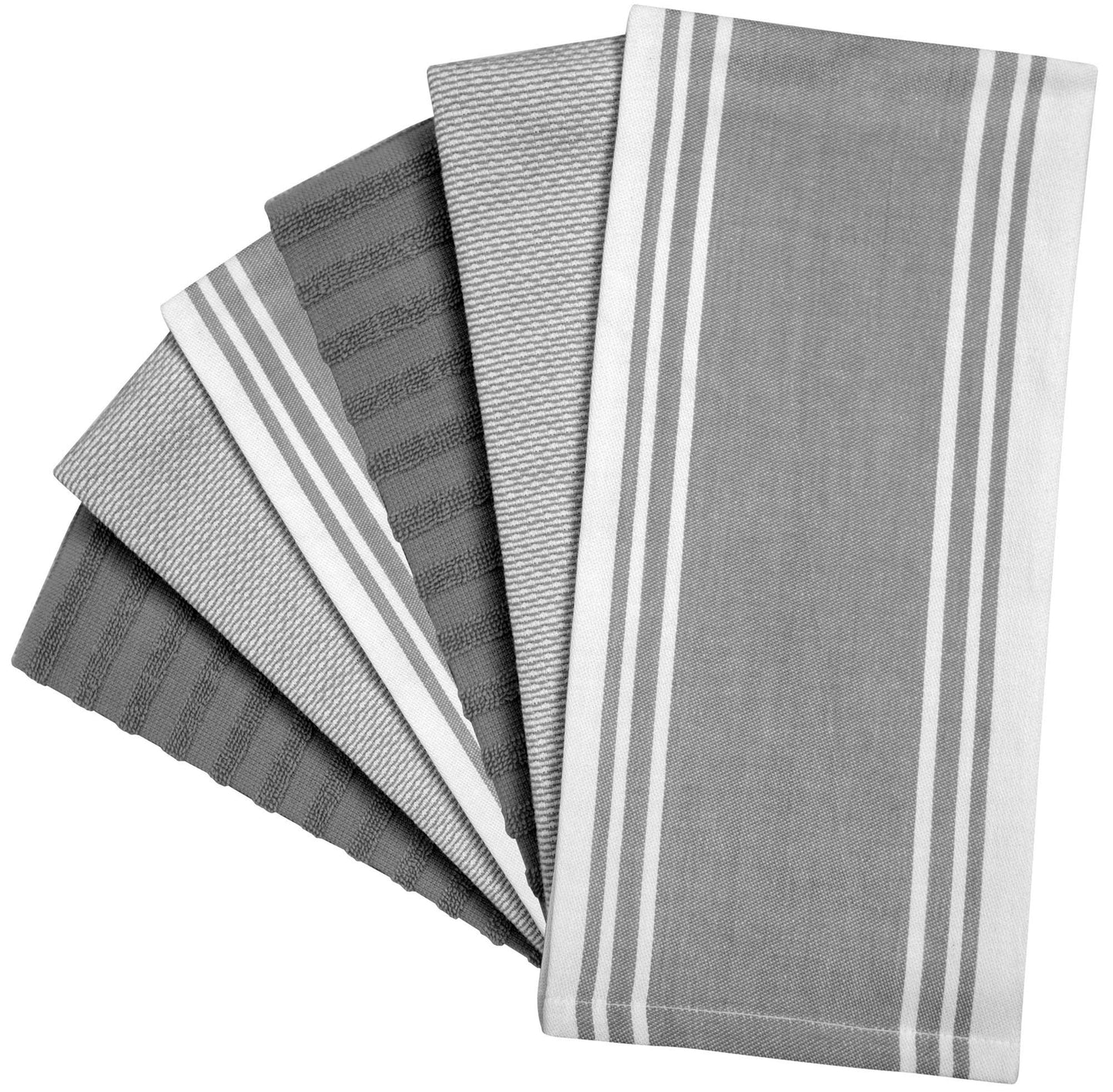 Premium Kitchen Towels (20”x 28”, 6 Pack) | Large Kitchen Hand Towels | Kitchen Towels Cotton | Flat & Terry Towel | Highly Absorbent Tea Towels Set with Hanging Loop | Wide Stripe Grey