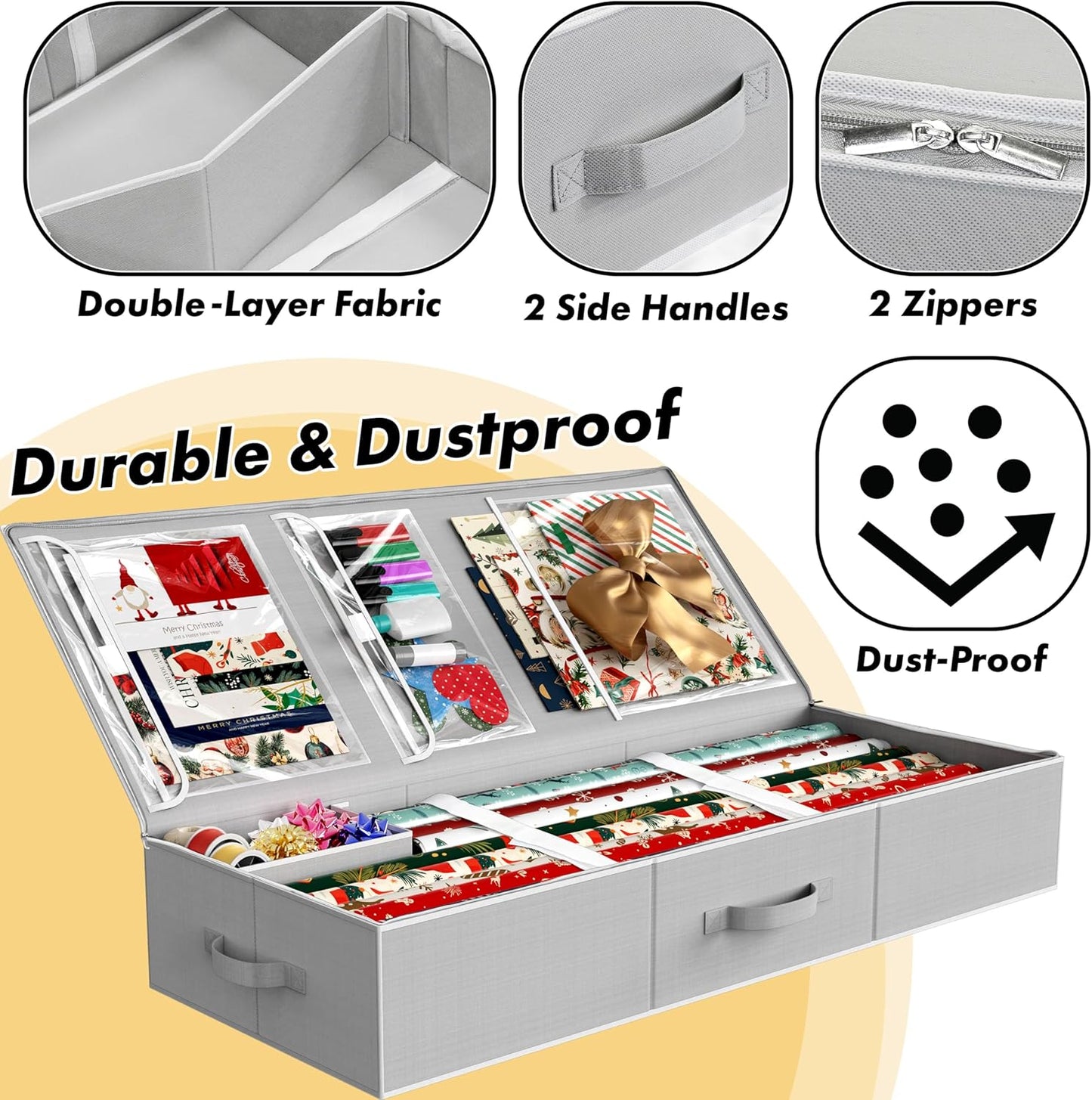 Simple Houseware Wrapping Paper Storage Organizer - Holds 40 Rolls with Adjustable Straps & Clear Pockets, 41.5''L x 16''W, Gray