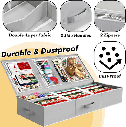 Simple Houseware Wrapping Paper Storage Organizer - Holds 40 Rolls with Adjustable Straps & Clear Pockets, 41.5''L x 16''W, Gray