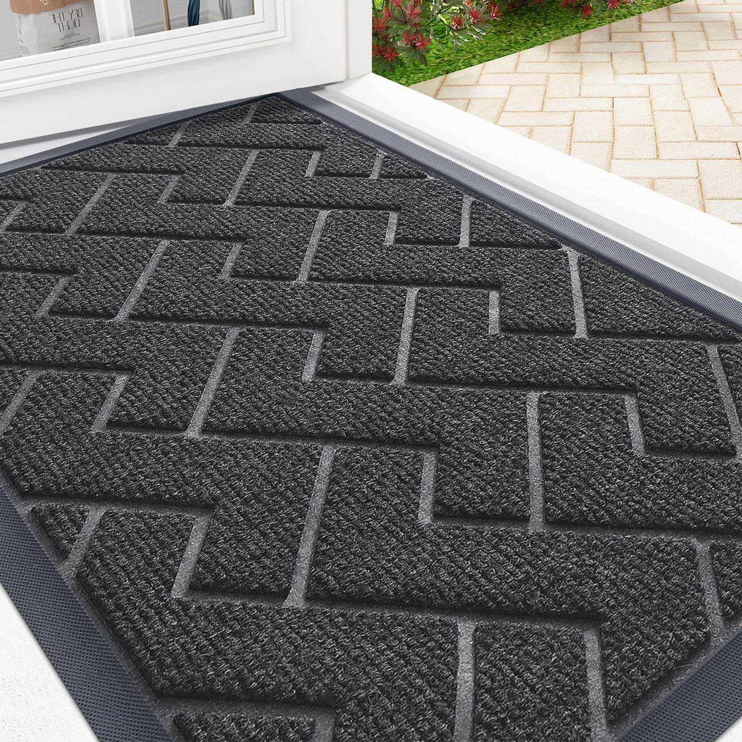 OLANLY Front Door Mat Indoor Outdoor Entrance, Waterproof All-Season, All-Weather Doormat, Sturdy Natural Rubber, Low Profile, Easy Clean Patio Porch Entryway Mat, Herringbone Brick (Grey, 36x24)