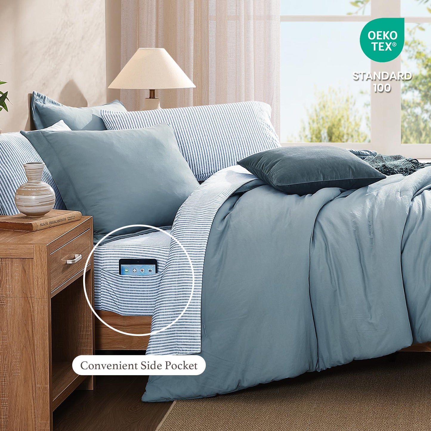 Monbix King Size Comforter Set - 7 Pieces Dusty Blue Prewashed Bed in a Bag King Bedding Sets with Comforters, All Seasons Ultra Soft Comforter Bed Set with Sheets,Pillowcases & Shams