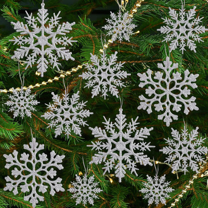 Skiennix Silver Snowflake Ornaments - 36 Pack Glittery Plastic Decorations for Winter & Christmas Trees