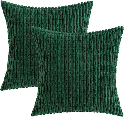 MIULEE Euro Sham Pillow Covers - Soft Dark Green Corduroy | 24x24 Inch Boho Striped Decor for Sofa & Bed