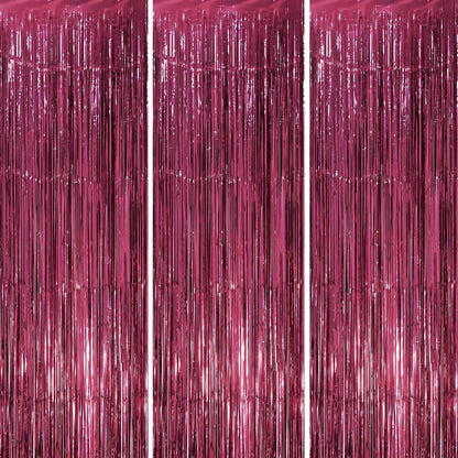 Voircoloria Foil Fringe Backdrop Curtains - 3 Pack Burgundy Tinsel Streamers for Parties | 3.3 x 8.2 ft