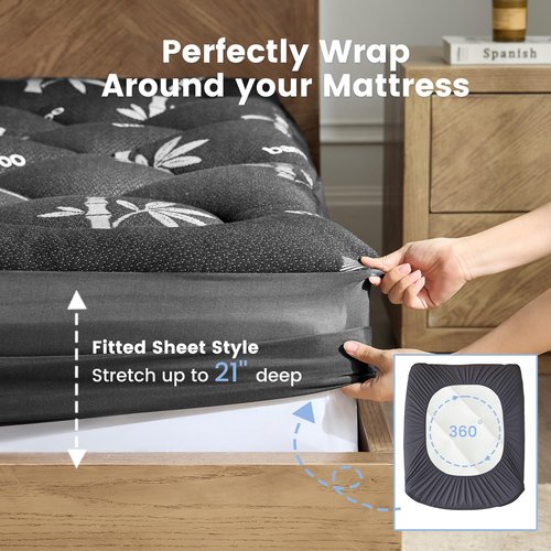 Mattress Topper Full Size - Viscose Made from Bamboo Pillow Top Mattress Pad with Deep Pockets - Soft Mattress Topper for Back Pain Relief(54"x75",Black)
