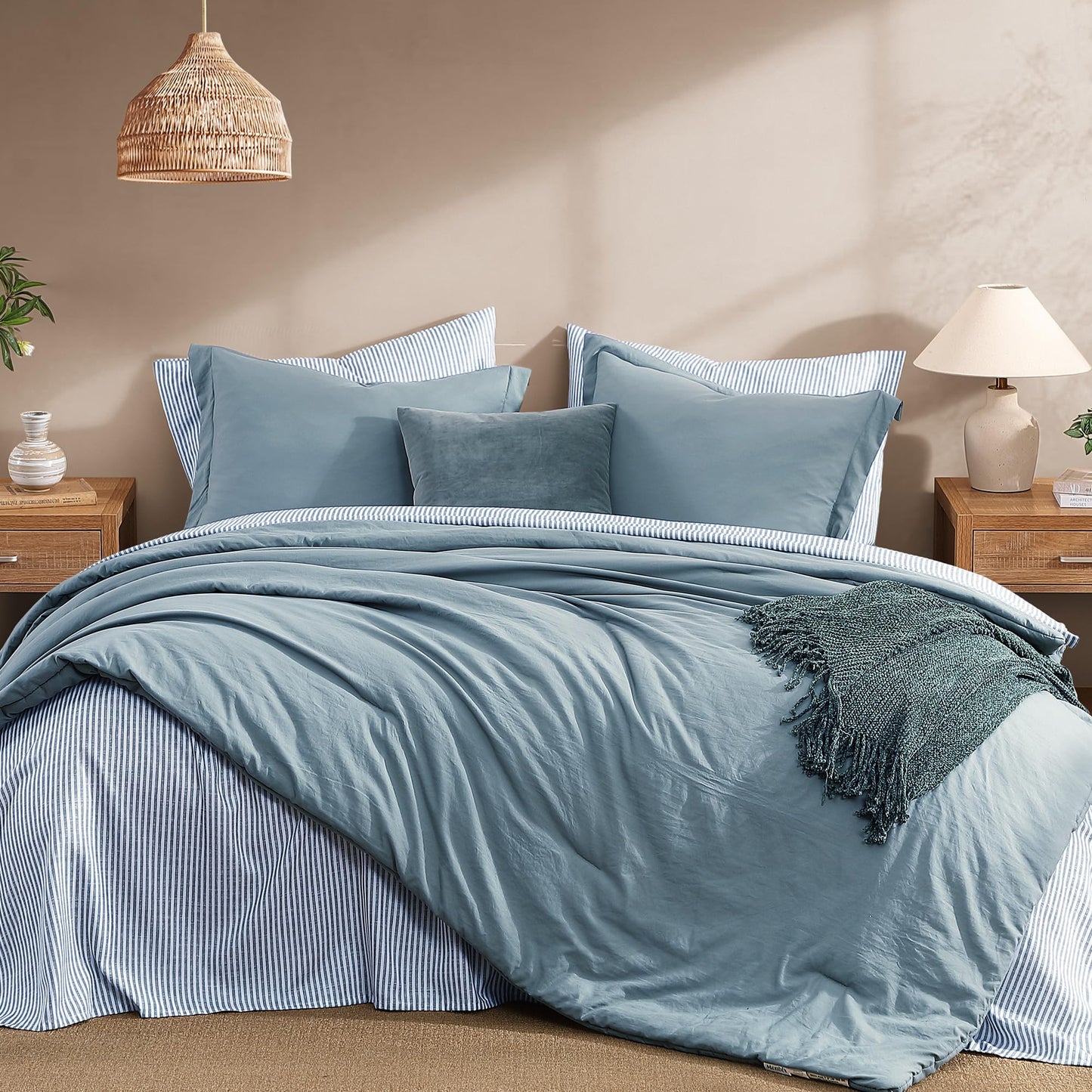 Monbix King Size Comforter Set - 7 Pieces Dusty Blue Prewashed Bed in a Bag King Bedding Sets with Comforters, All Seasons Ultra Soft Comforter Bed Set with Sheets,Pillowcases & Shams