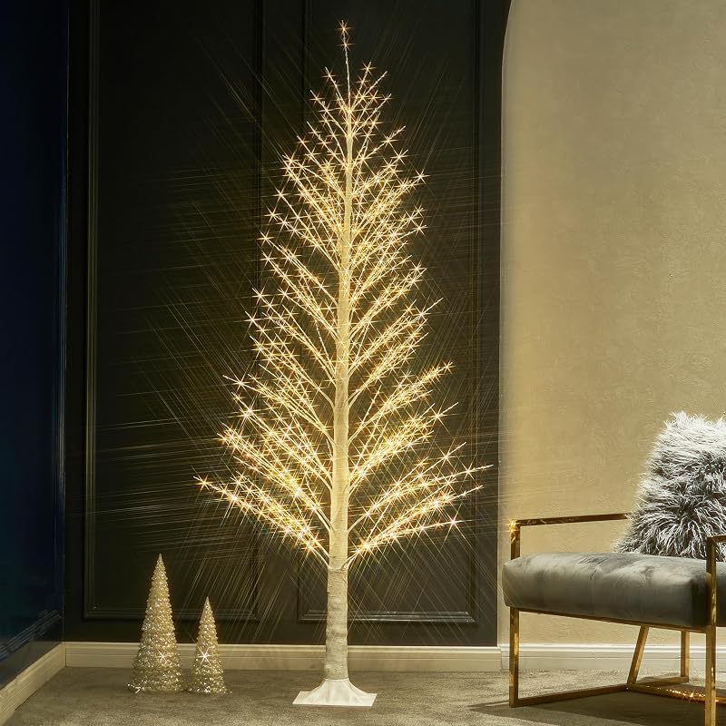 Lighted Alpine Tree 6FT with 810 LED Warm White Lights - White Bark Finish, Ground Stakes Included