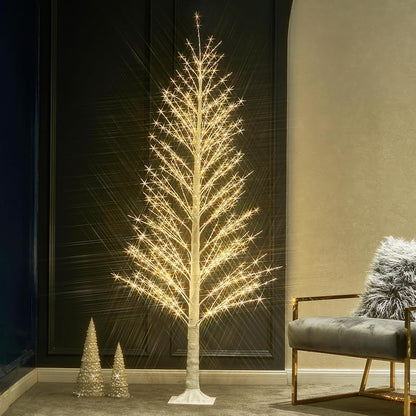 Lighted Alpine Tree 6FT with 810 LED Warm White Lights - White Bark Finish, Ground Stakes Included