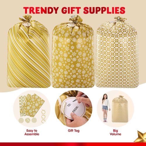 JOYIN Jumbo Gift Bags - 3 Pack 56”x36” Gold Holiday Plastic Bags for Christmas & Large Toys
