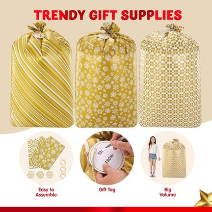 JOYIN Jumbo Gift Bags - 3 Pack 56”x36” Gold Holiday Plastic Bags for Christmas & Large Toys