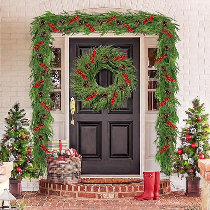6Ft Norfolk Pine Garland with Red Berries & Pine Cones - Real-Touch Christmas Church Mantle